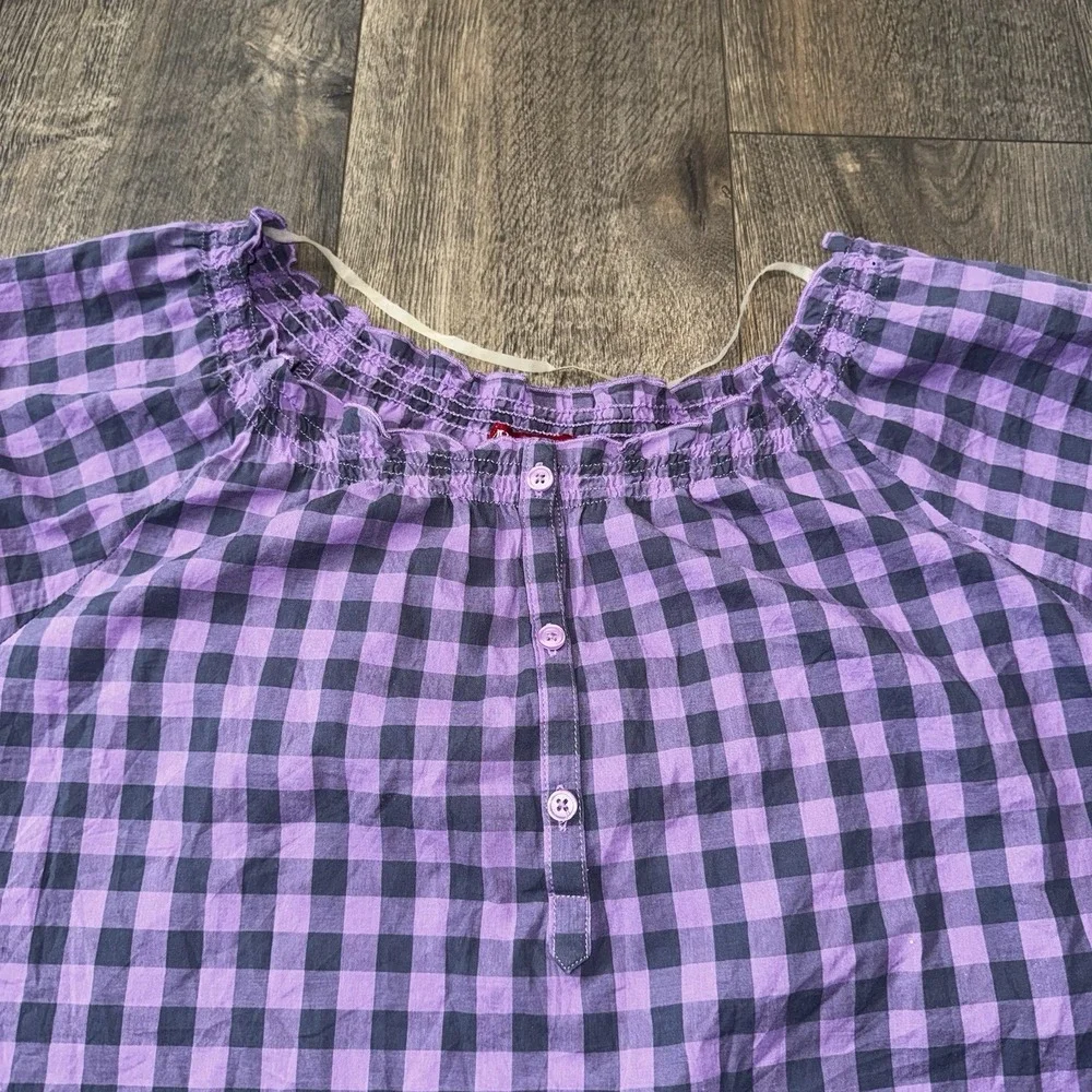 Merona Women's XL Purple Gingham Plaid Blouse Cap Sleeve Boho Cowgirl Cottage - Picture 3 of 12